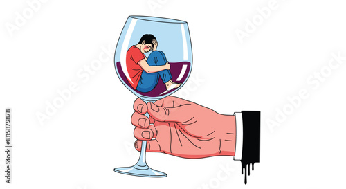Conceptual illustration of a depressed man trapped inside a wine glass representing alcoholism addiction and mental despair.