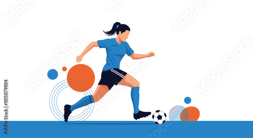 Dynamic vector illustration of a determined female soccer player in a blue uniform dribbling the ball during an intense match.