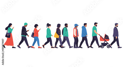 Side view of a long line of diverse people of different ages and ethnicities walking together against a white background.