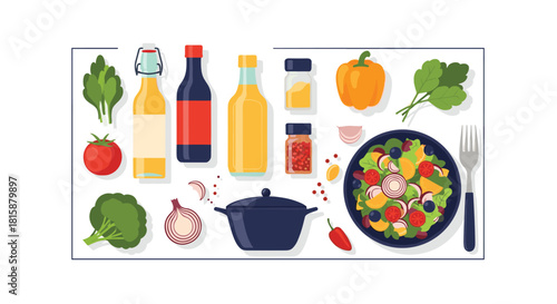 Top down flat lay illustration of fresh vegetables salad dressing and other ingredients for cooking a healthy vegetarian meal.