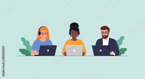 Diverse team of customer service agents with headsets working on their laptops in a modern call center or office environment.