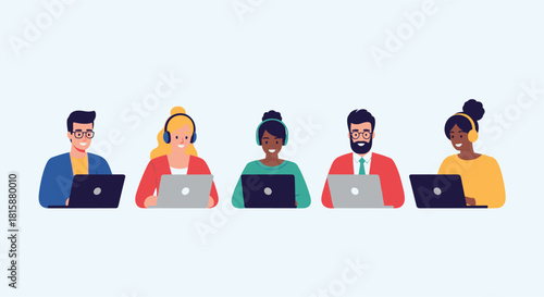 A diverse group of young professionals sitting in a row and working collaboratively on their laptops in a modern office setting.