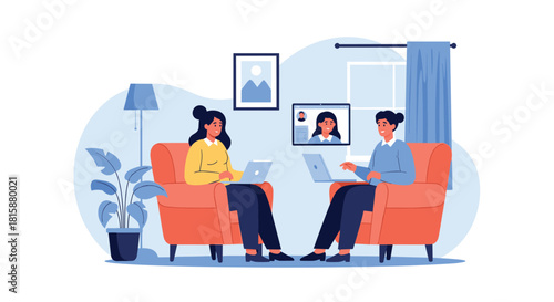 Two women sitting at home on laptops having a friendly video conference call with a colleague or friend on the screen.