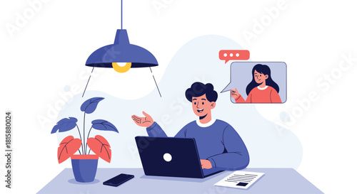 A young man sitting at his desk at home while engaged in an online video conference call on his laptop for work or study.