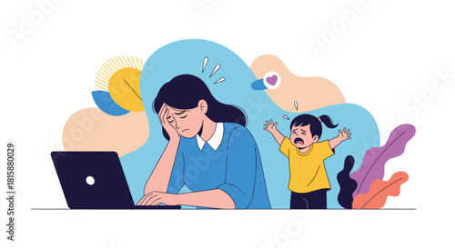 A stressed and overwhelmed mother trying to work on her laptop from home while her young child is crying for attention.