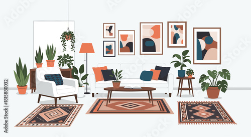 Stylish and cozy living room interior with a comfortable sofa armchair plants and abstract art creating a modern boho design.