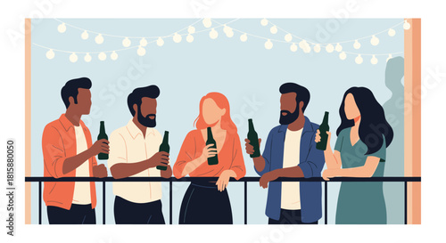 A diverse group of young friends enjoying a casual conversation while drinking beer on a balcony decorated with string lights.