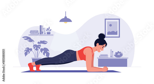 A fit young woman in sportswear doing a plank exercise on a yoga mat at home as part of her daily workout routine.
