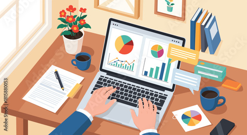 A person's hands typing on a laptop keyboard with the screen displaying various business charts graphs and data analytics.