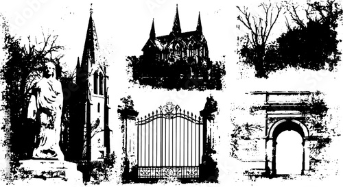 Statue and church in black and white. Historic vector illustration featuring architectural details and a set of elements in a grunge style.