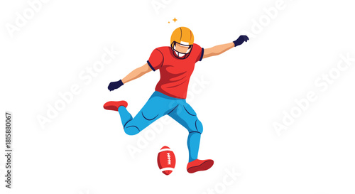 An energetic American football player in a red jersey and helmet kicking the ball during a game or practice session.