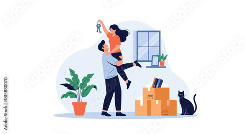 A happy young couple celebrating moving into their new home as the man lifts the woman who is holding the house keys.