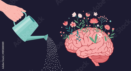 A conceptual illustration of a hand with a watering can nurturing a human brain from which beautiful flowers are blooming.