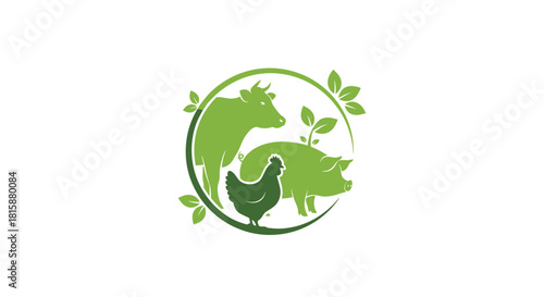 A green circular logo design featuring a cow a pig and a chicken surrounded by leaves for a farm or meat business concept.