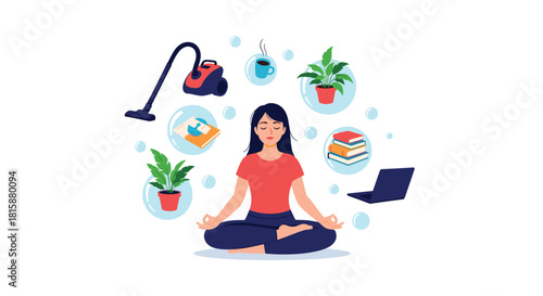 A woman meditates in a lotus position to find balance and calm while juggling work and household chores in floating bubbles.