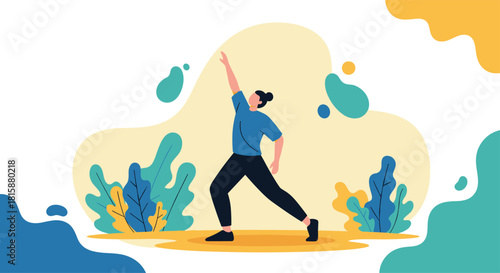 A young woman doing a stretching or yoga exercise outdoors against a colorful abstract background with leaf illustrations.