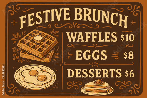 Festive Brunch Menu Design. Festive brunch menu with vintage style typography and hand-drawn illustrations. The menu lists waffles, eggs, and desserts with prices in. Vector illustration