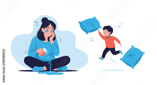 An exhausted and crying mother experiencing parental burnout while her energetic son plays and has a pillow fight around her.