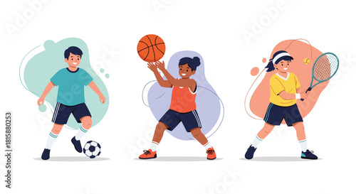 A diverse group of active children happily playing different sports including soccer basketball and tennis on abstract backgrounds.