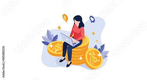 A successful woman sitting on a large pile of gold coins while working on her laptop symbolizing online income and wealth.