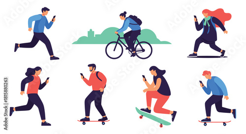A collection of young people engaged in various activities like walking cycling and skateboarding while focused on their smartphones.