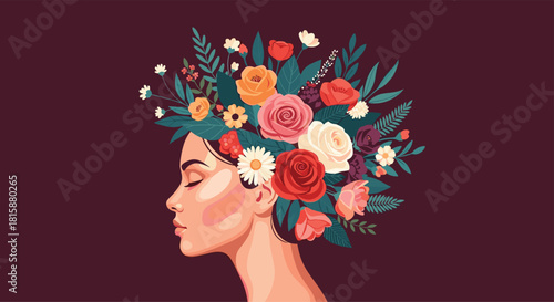 A side profile of a beautiful woman with her eyes closed and a vibrant and lush arrangement of flowers in her hair.