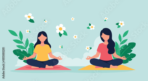 Two young women are meditating together in the lotus position outdoors surrounded by green leaves and floating white flowers.