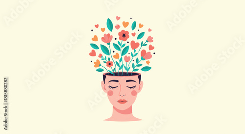 A conceptual illustration of a woman's peaceful face with her eyes closed and a bouquet of flowers blooming from her head.