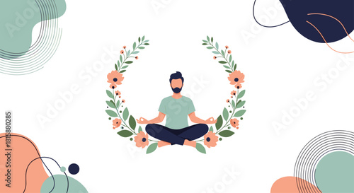 A calm man with a beard meditates in the lotus position inside a beautiful floral wreath against an abstract background.