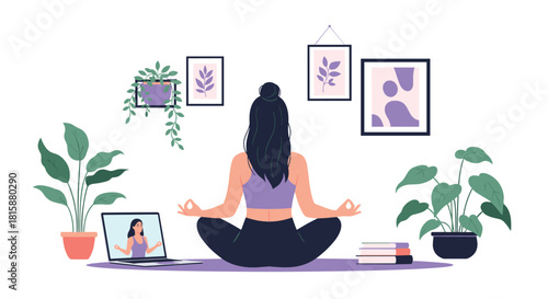 A woman with her back to the viewer follows a guided meditation from an online instructor on her laptop at home.
