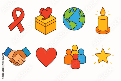 Charity Icon Set. United for a Cause flat icon set: red ribbon, charity box, world globe, glowing candle, handshake, heart, community crowd, star of hope