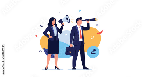 A business team with a man looking through a telescope for vision and a woman shouting into a megaphone for marketing.