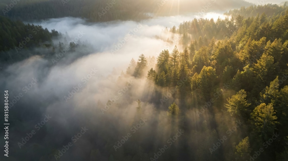 Fototapeta premium Stunning Aerial View of Misty Forest Landscape at Sunrise.