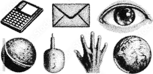 Set of hand-drawn illustrations featuring various objects: calculator, letter, eye, globe, and hand. Vintage black outline vector illustration.