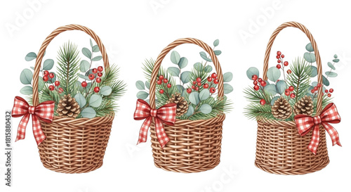 Watercolor Christmas Baskets with Pinecones, Eucalyptus, Red Berries and Gingham Bow Clipart Set