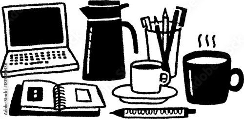 Computer and coffee mug on a modern desk. Simple vector illustration featuring a set of tools and a notebook.