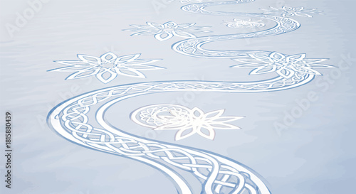 Delicate and intricate white patterns form a serene, winding path across a smooth, tranquil blue surface, evoking a sense of artistic flow and peaceful contemplation