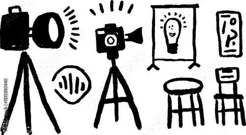 Camera and photography equipment set. Studio lighting, tripods, and projectors in a simple hand-drawn vector illustration.