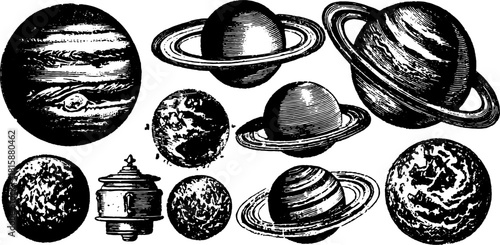 Engraved planets in a vintage style. Black silhouette vector illustration featuring a set of celestial bodies and space elements.
