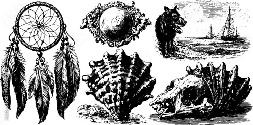 Dreamcatcher and skull silhouette in vintage style. Hand-drawn elements like shells create a decorative vector illustration set.