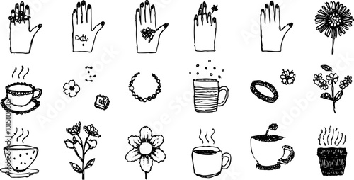 Hand illustrations and doodles of flowers and cups. A black outline vector illustration set with a natural and cozy feel.