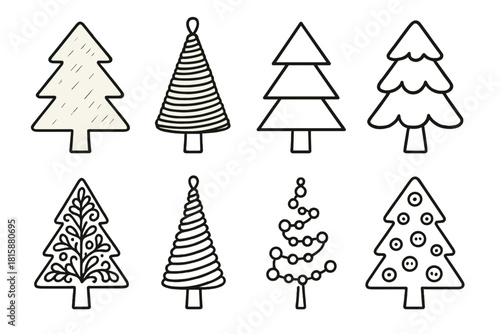 DIY Handmade Trees Icons. DIY handmade trees concept linear icon set: craft paper tree, yarn cone, origami tree, felt tree, lace tree, twine spiral, bead garland tree, button