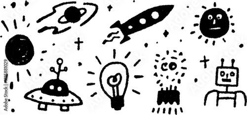 Space-themed vector illustration set featuring a rocket, robot, UFO, and suns. Simple black and white doodle style with playful elements.