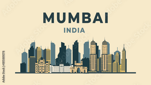 Mumbai city travel poster flat illustration