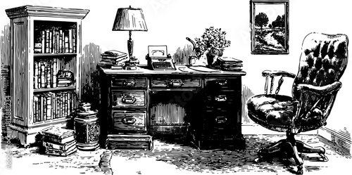 Vintage room set featuring a desk, bookshelf, and lamp. The space includes a typewriter and cozy chair, creating a classic office vector illustration.