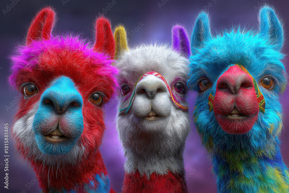 Naklejka premium Drei bunte Alpakas mit flauschigem Fell – fantasievolle Tierillustration