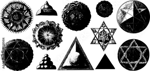 Geometric symbols in black and white. This set features various shapes, including stars, circles, and triangles in a vector illustration.