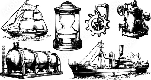 Vintage ship and machinery illustrations. Detailed outline vector set featuring boats, a lantern, gears, and ocean containers.