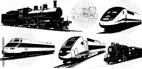 Train illustrations featuring steam and modern locomotives. Detailed vector set of railway transport designs in black and white illustration.