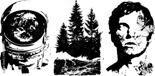 Astronaut head, tree, and waves in black and white. Modern vector illustration set featuring a butterfly for a unique artistic touch.